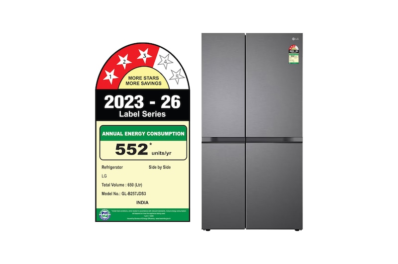 LG 650L Side-by-Side Refrigerator, Convertible, Multi-Air Flow, Smart Diagnosis™, Dazzle Steel, 3 Star: Energy information