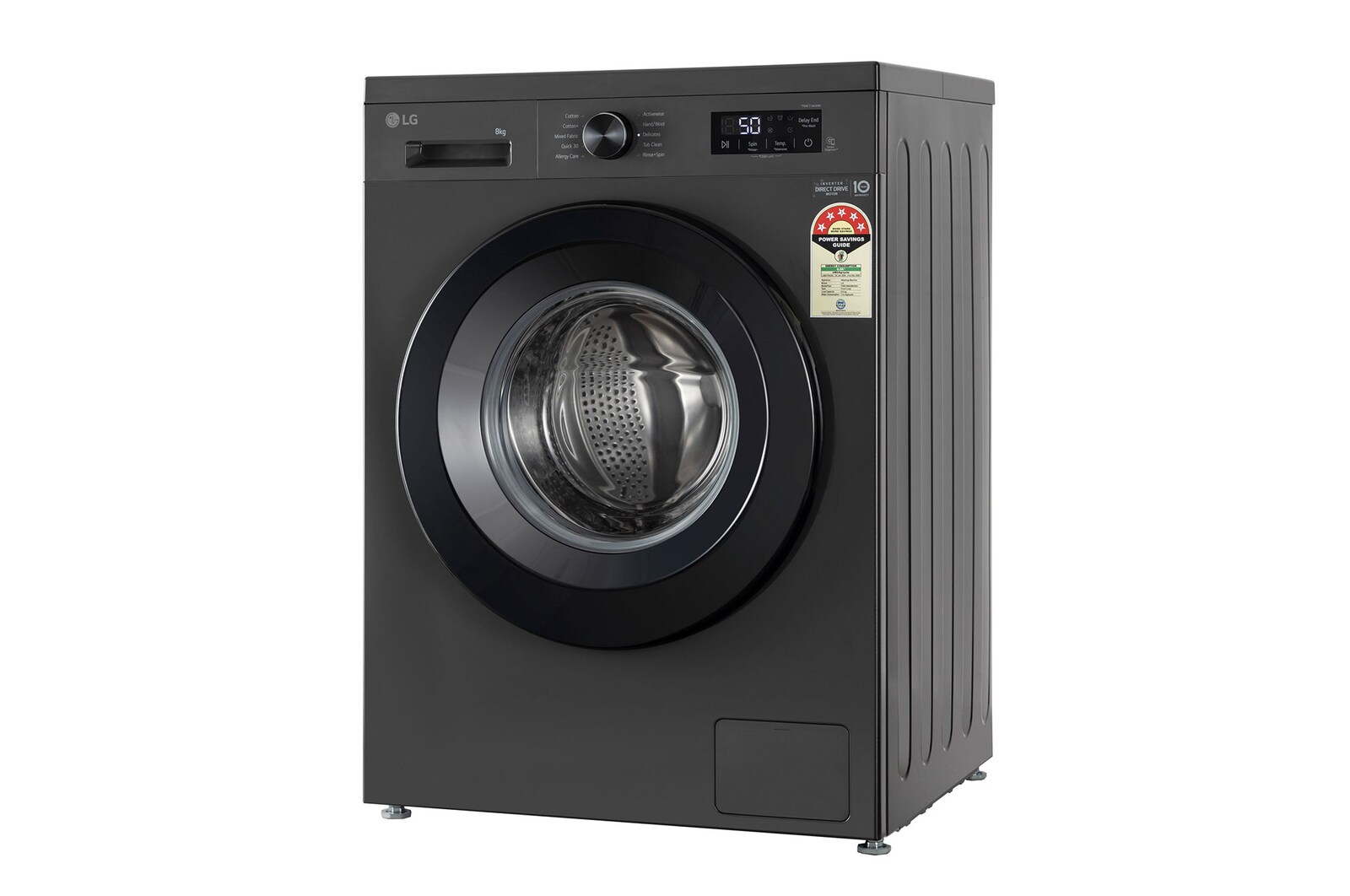 LG 8 Kg Front Load Washing Machine with Inverter Direct Drive™, Steam Wash, Middle Black, 5 Star - official product view