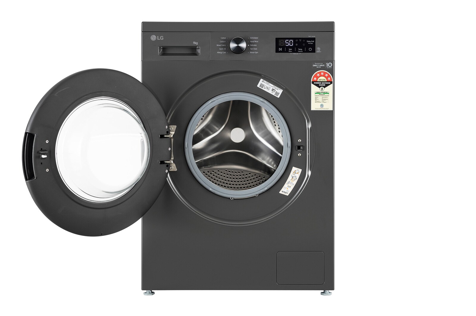 LG 9 Kg Front Load Washing Machine with Inverter Direct Drive™, Steam Wash, Middle Black, 5 Star - official product view