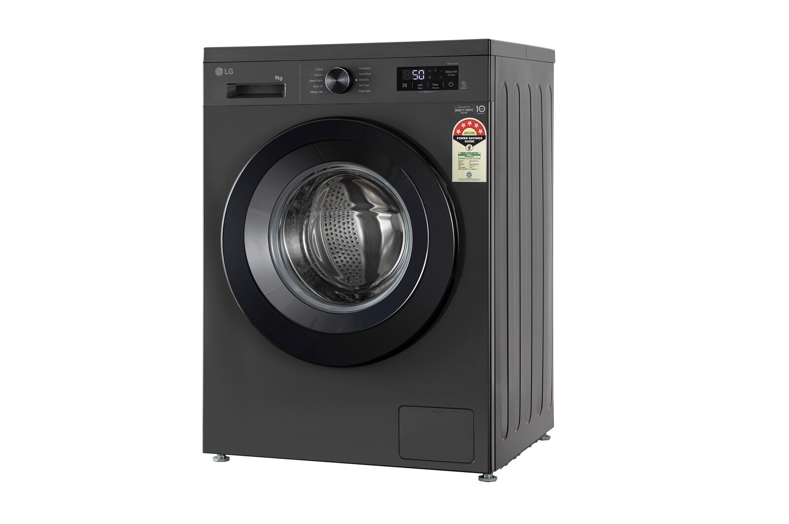 LG 9 Kg Front Load Washing Machine with Inverter Direct Drive™, Steam Wash, Middle Black, 5 Star - official product view