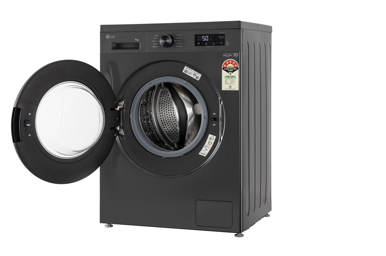 LG 9 Kg Front Load Washing Machine with Inverter Direct Drive™, Steam Wash, Middle Black, 5 Star - official product view