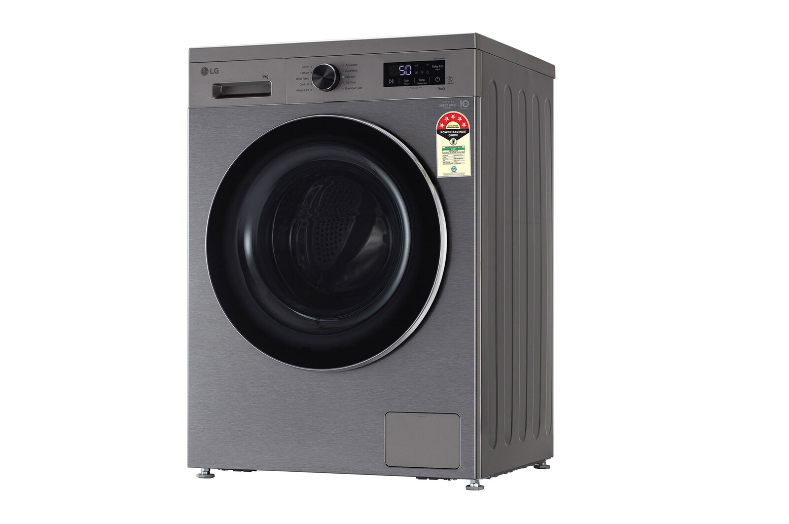 LG 9 Kg Front Load Washing Machine with AI Direct Drive™, Steam Wash, Platinum Silver, 5 Star - official product view