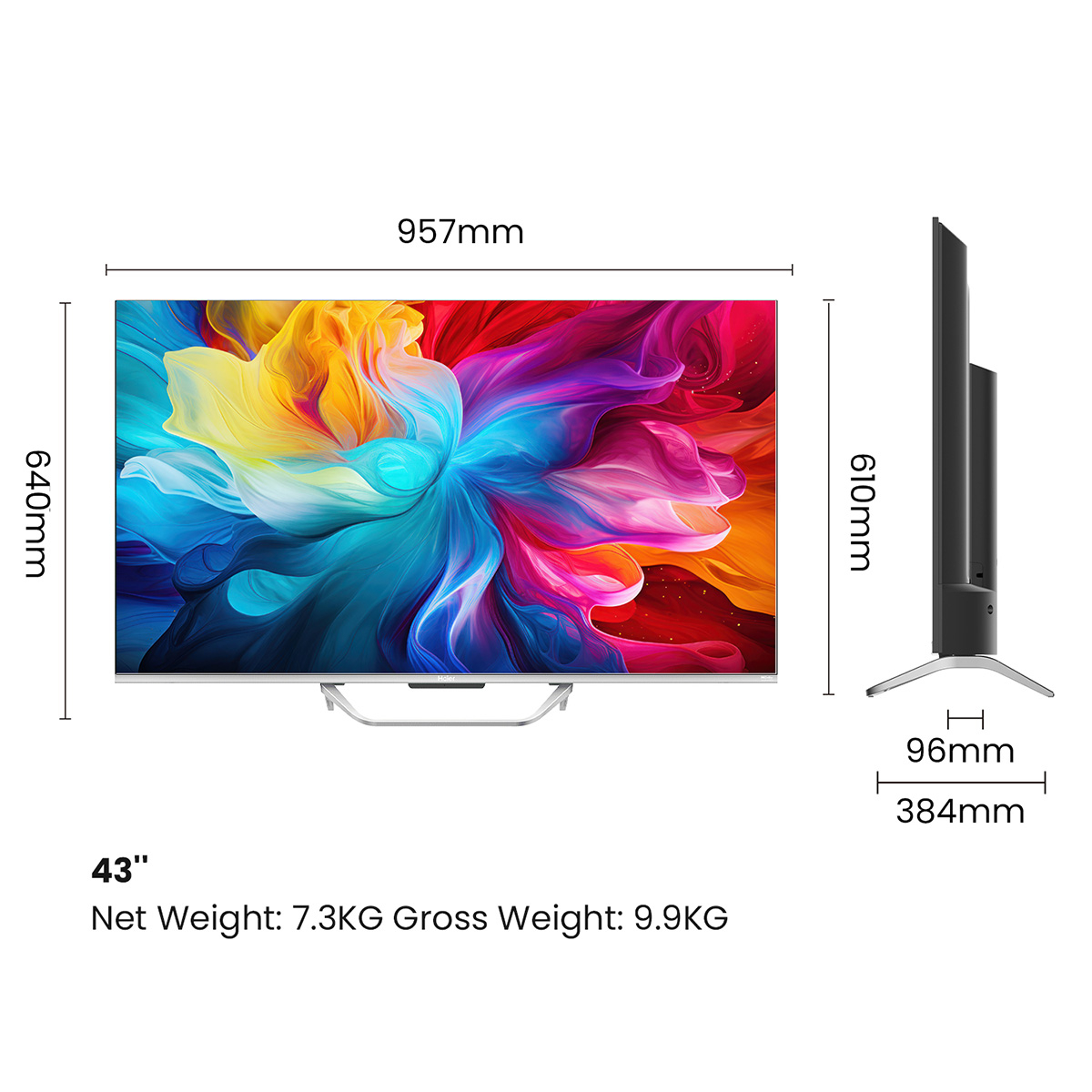 Haier 43S800QT-P-QLED S800QT Series 108cm(43) 4K Smart Google TV With Dolby Vision. Atmos: Dimensions and installation