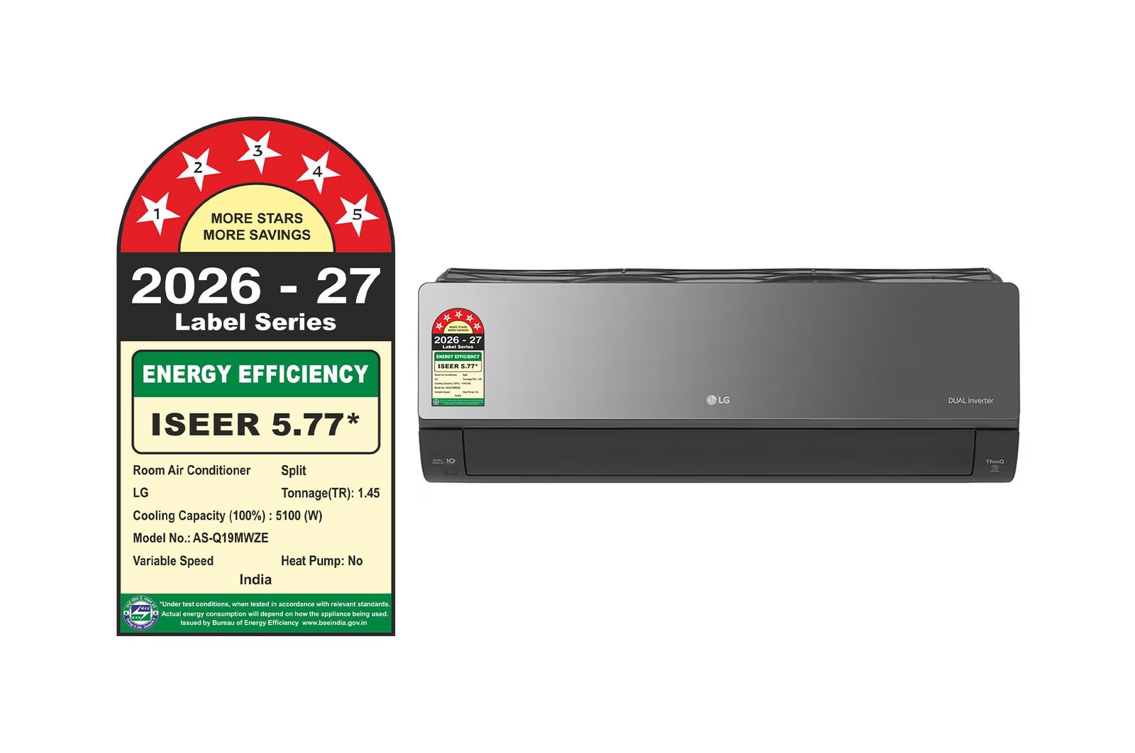 LG 5 Star (~1.5) Split AC, Art Cool, Energy Manager+, HimClean, AI+ Dual Inverter, ThinQ (Wi-Fi), 5.1 kW, 2026 Model - energy information