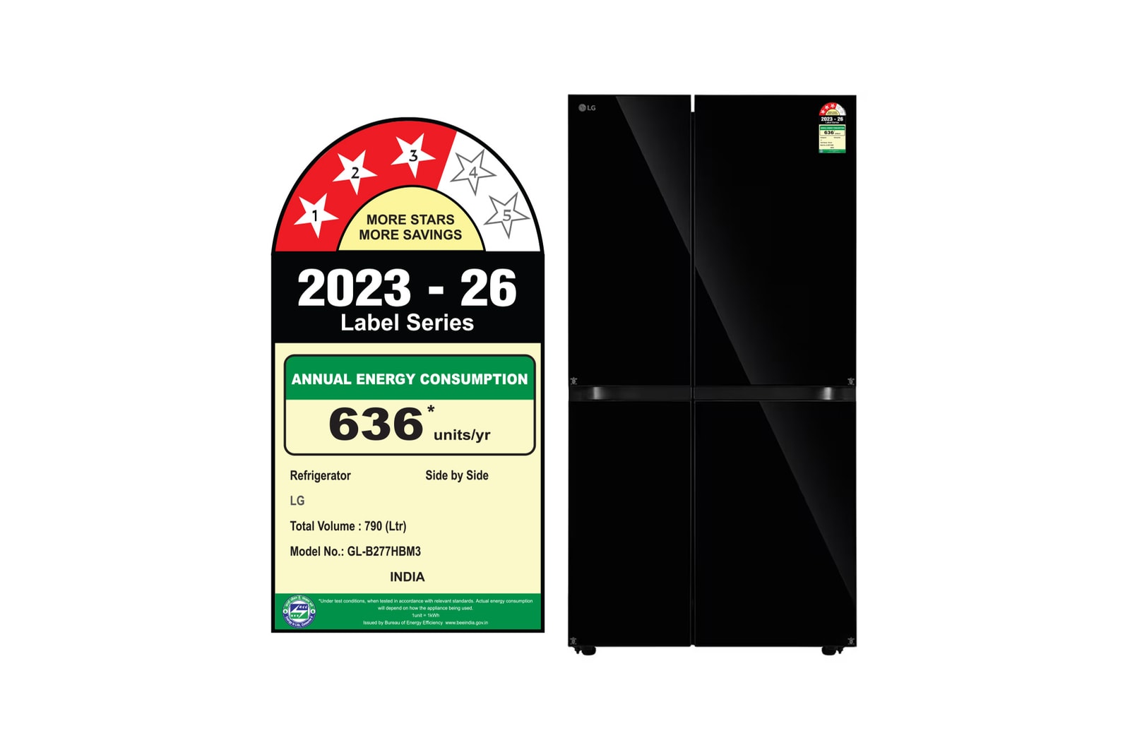 LG 790 L Side-by-Side Refrigerator, Smart Inverter Compressor, Smart Diagnosis™, Auto Smart Connect™, Black Mirror, 3 Star - official_regulatory_energy_label