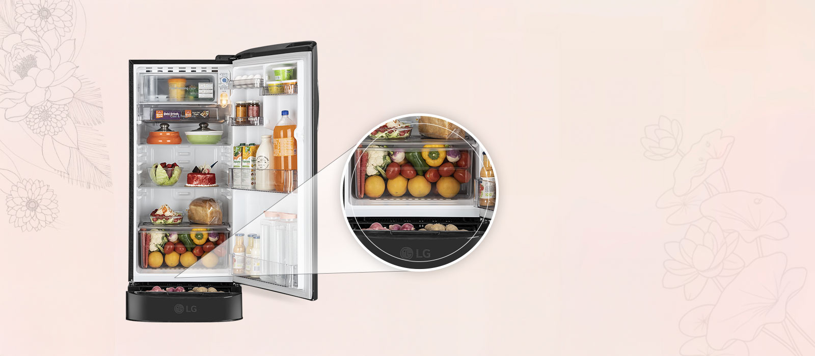 LG 185 L Single Door Refrigerator with Base Stand Drawer, Smart Inverter Compressor, Direct Cool, Emerald Lotus, 5 Star: Product feature