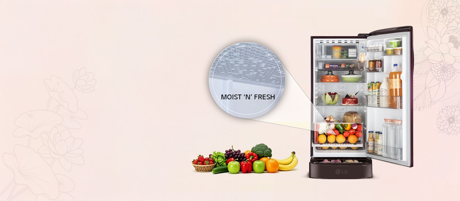 LG 185 L Single Door Refrigerator with Base Stand Drawer, Smart Inverter Compressor, Direct Cool, Red Water Lily, 5 Star: Product feature