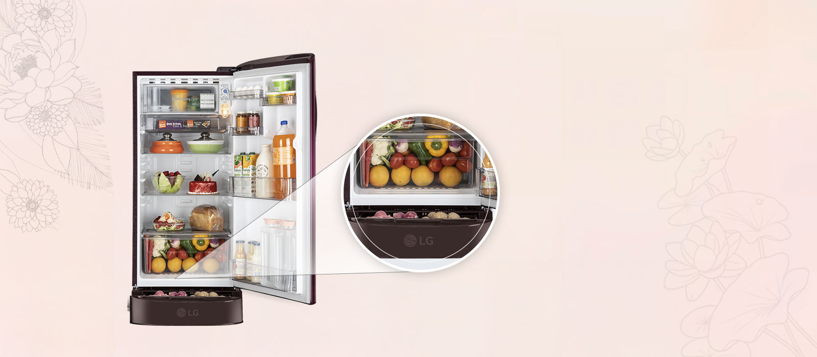 LG 185 L Single Door Refrigerator with Base Stand Drawer, Smart Inverter Compressor, Direct Cool, Red Water Lily, 5 Star: Product feature