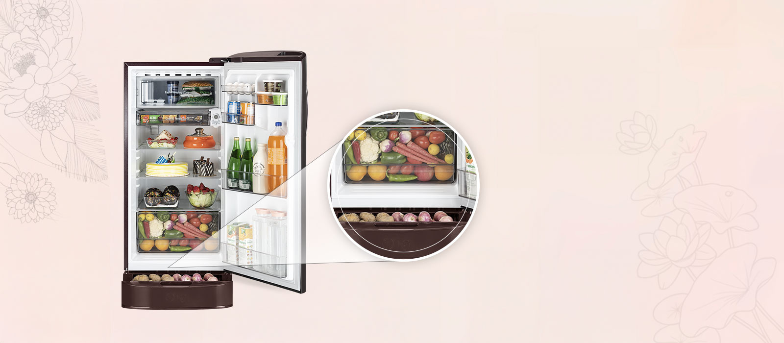 LG 185 L Single Door Refrigerator with Base Stand Drawer, Smart Inverter Compressor, Direct Cool, Scarlet Lotus, 5 Star: Product feature