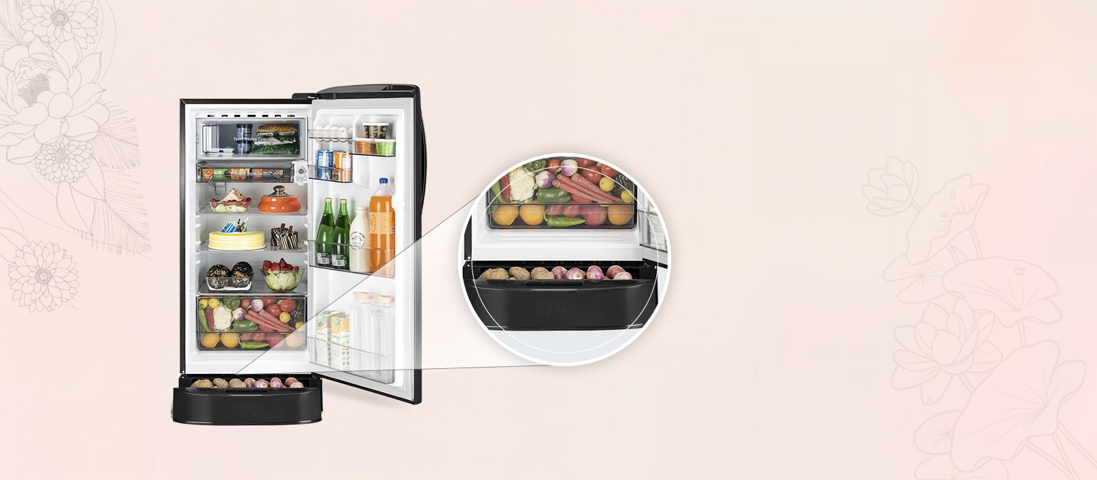 LG 201 L Single Door Refrigerator, Base Stand Drawer, Smart Inverter Compressor, Emerald Lotus, 5 Star: Product feature