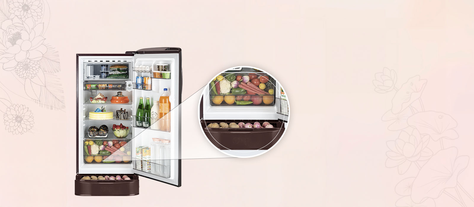 LG 201 L Single Door Refrigerator with Base Stand Drawer, Smart Inverter Compressor, Direct Cool, Scarlet Lotus, 5 Star: Product feature