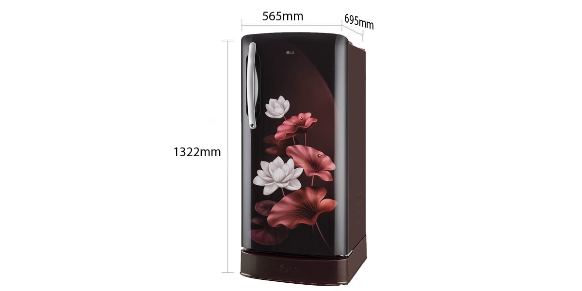 LG 201 L Single Door Refrigerator with Base Stand Drawer, Smart Inverter Compressor, Direct Cool, Scarlet Lotus, 5 Star: Dimensions and installation