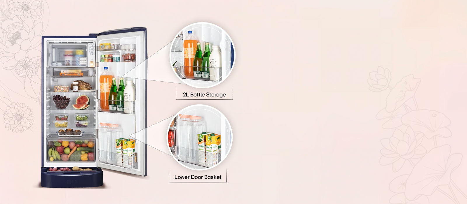 LG 224L Single Door Refrigerator, Smart Inverter Compressor, Base Stand drawer, Royal Spring, Auto Smart Connect: Product feature