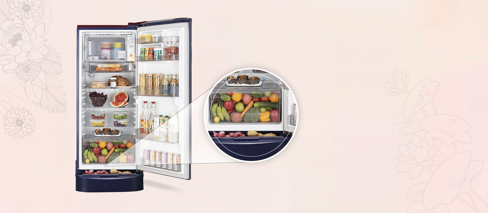 LG 224L Single Door Refrigerator, Smart Inverter Compressor, Base Stand drawer, Royal Spring, Auto Smart Connect: Product feature