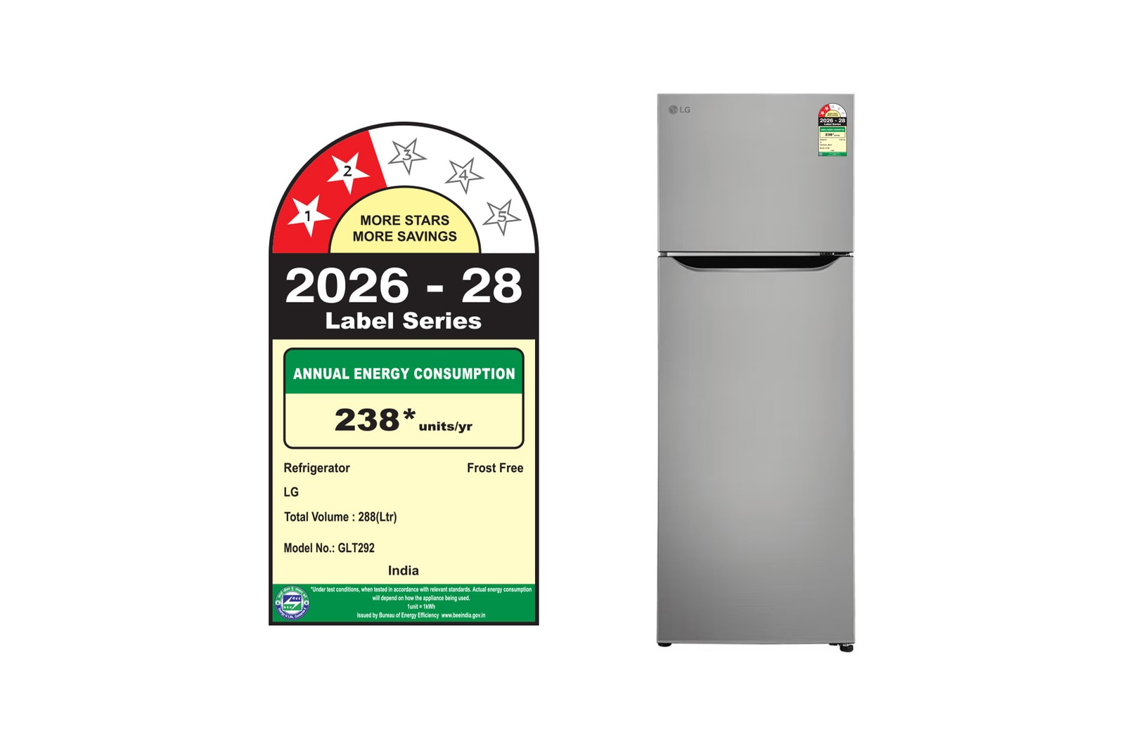 LG 288 L Double Door Refrigerator, Smart Inverter Compressor, Convertible, Shiny Steel, 2 Star - official_regulatory_energy_label