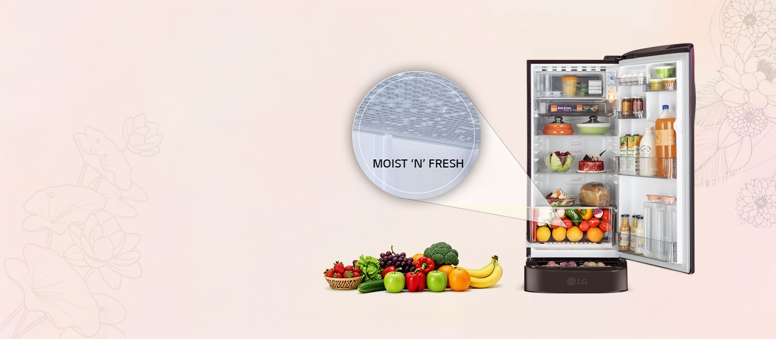 LG 185 L Single Door Refrigerator with Base Stand Drawer, Smart Inverter Compressor, Direct Cool, Wine Glory, 5 Star - catalogue_feature_moist_n_fresh