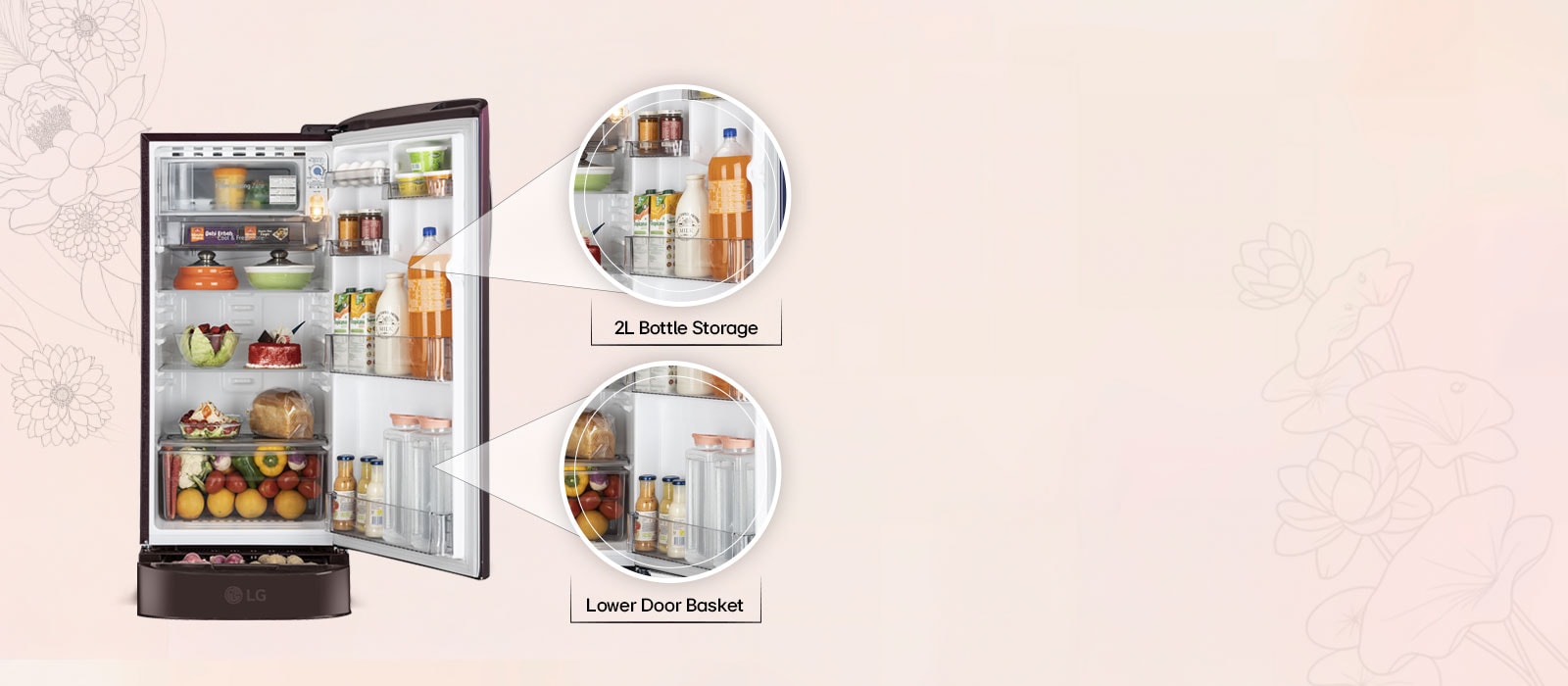 LG 185 L Single Door Refrigerator with Base Stand Drawer, Smart Inverter Compressor, Direct Cool, Wine Glory, 5 Star - catalogue_feature_bottle_storage