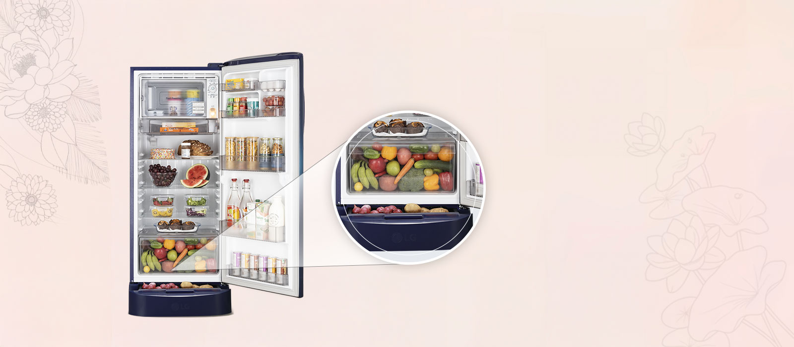 LG 224 L Single Door Refrigerator with Base Stand Drawer, Smart Inverter Compressor, Direct Cool, Blue Waterlily, 5 Star - catalogue_feature_base_stand