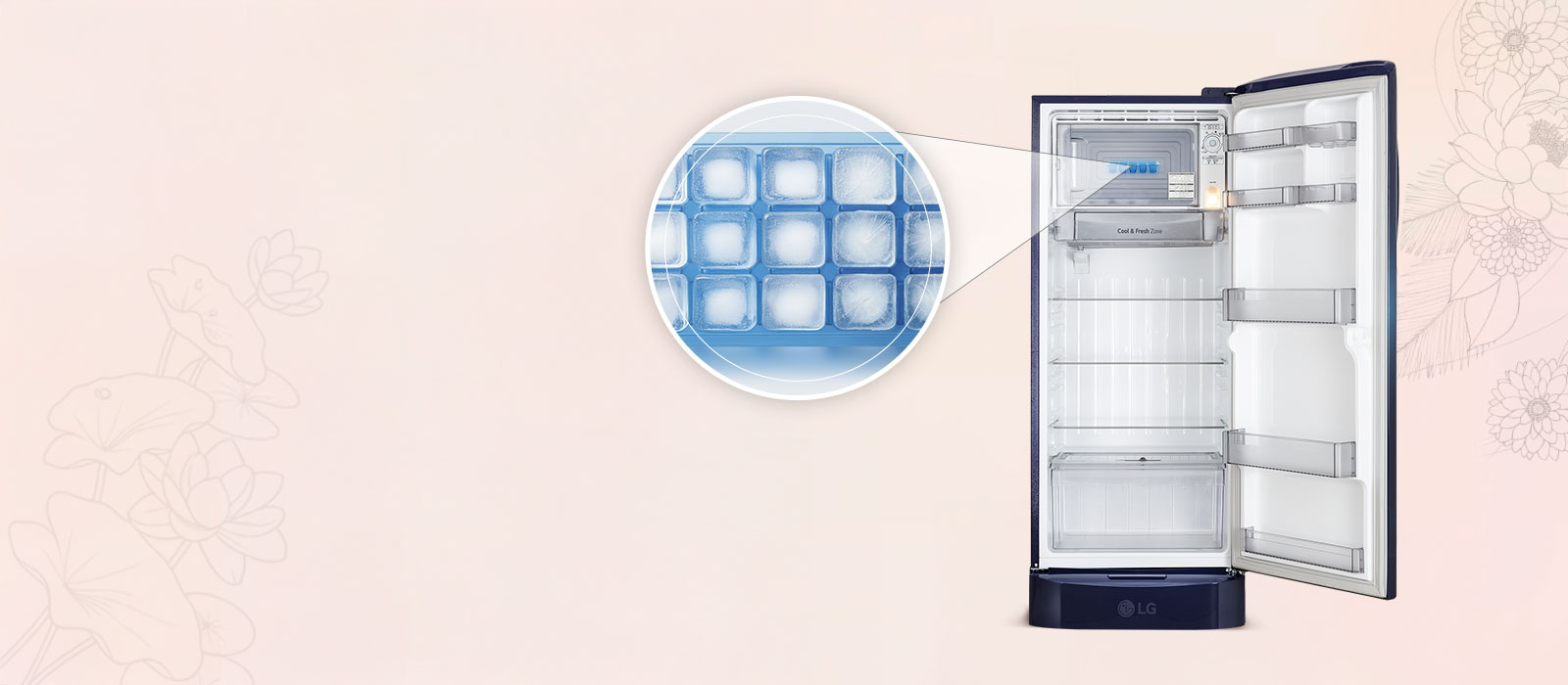 LG 224 L Single Door Refrigerator with Base Stand Drawer, Smart Inverter Compressor, Direct Cool, Blue Waterlily, 5 Star - catalogue_feature_ice_making