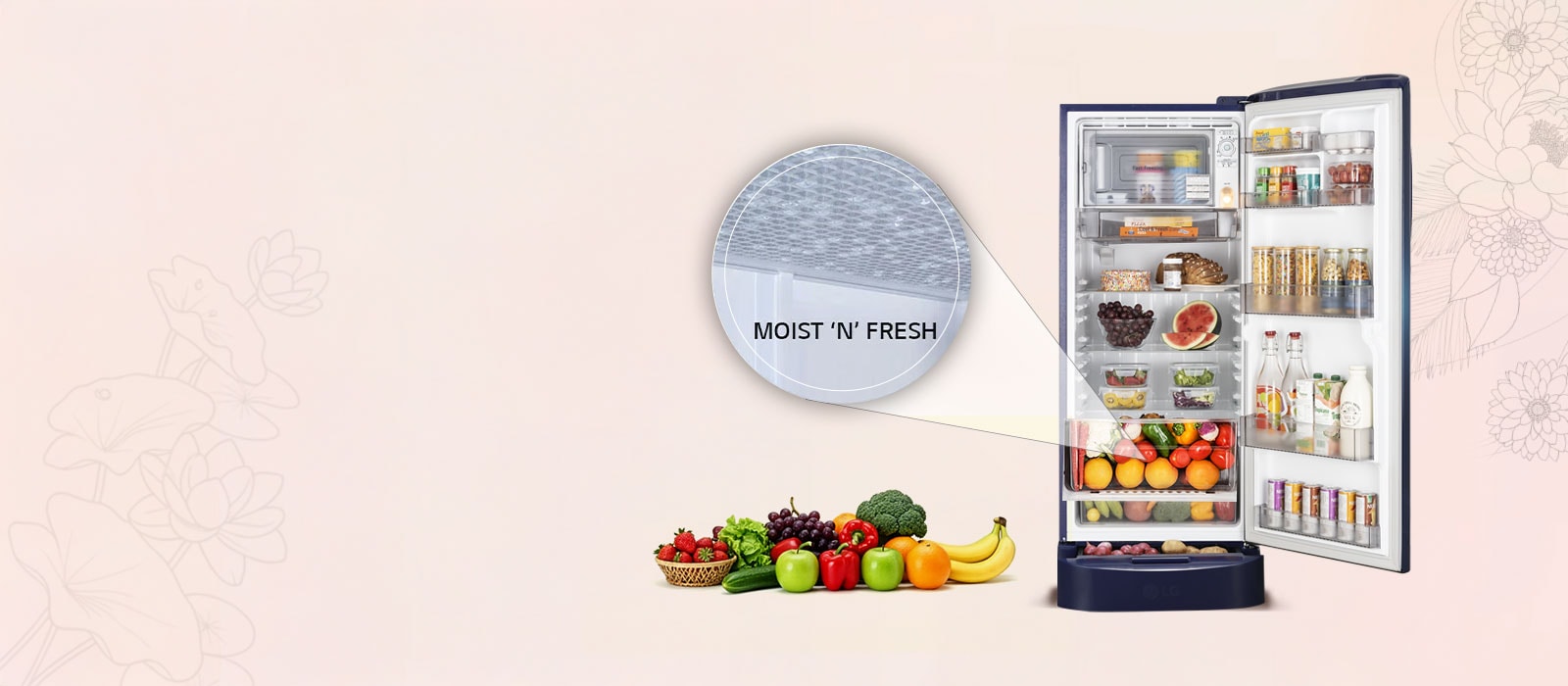 LG 224 L Single Door Refrigerator with Base Stand Drawer, Smart Inverter Compressor, Direct Cool, Blue Waterlily, 5 Star - catalogue_feature_moist_n_fresh