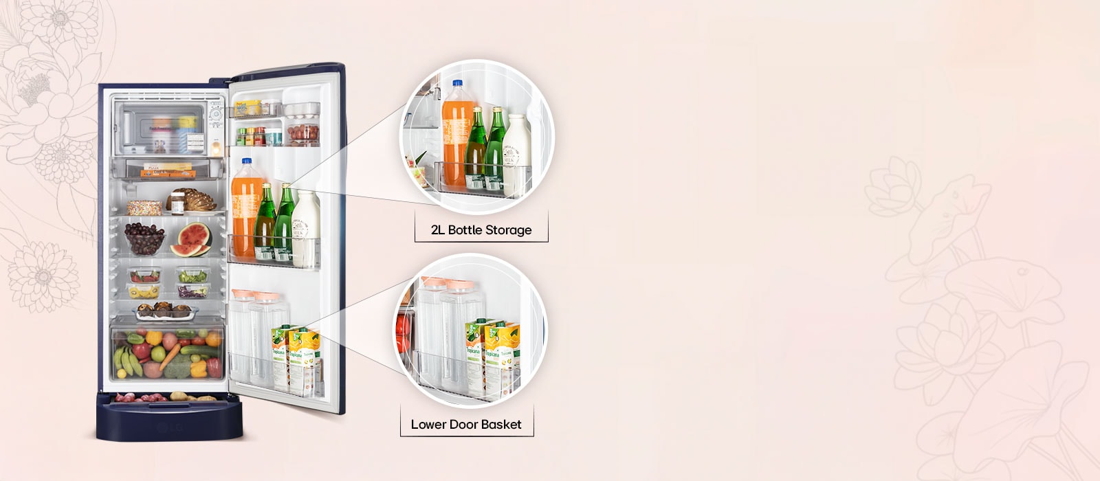 LG 224 L Single Door Refrigerator with Base Stand Drawer, Smart Inverter Compressor, Direct Cool, Blue Waterlily, 5 Star - catalogue_feature_bottle_storage