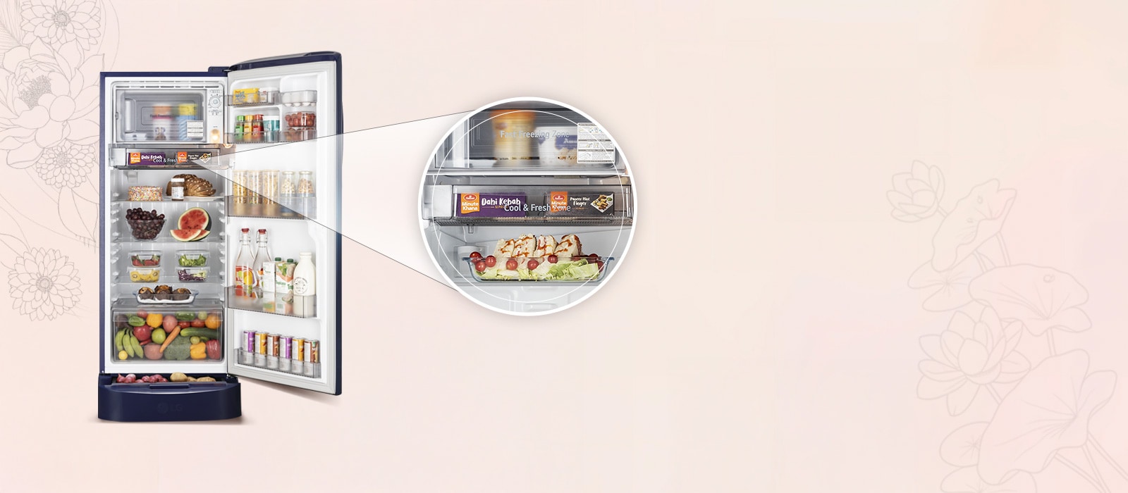 LG 224 L Single Door Refrigerator with Base Stand Drawer, Smart Inverter Compressor, Direct Cool, Blue Waterlily, 5 Star - catalogue_feature_chiller_tray