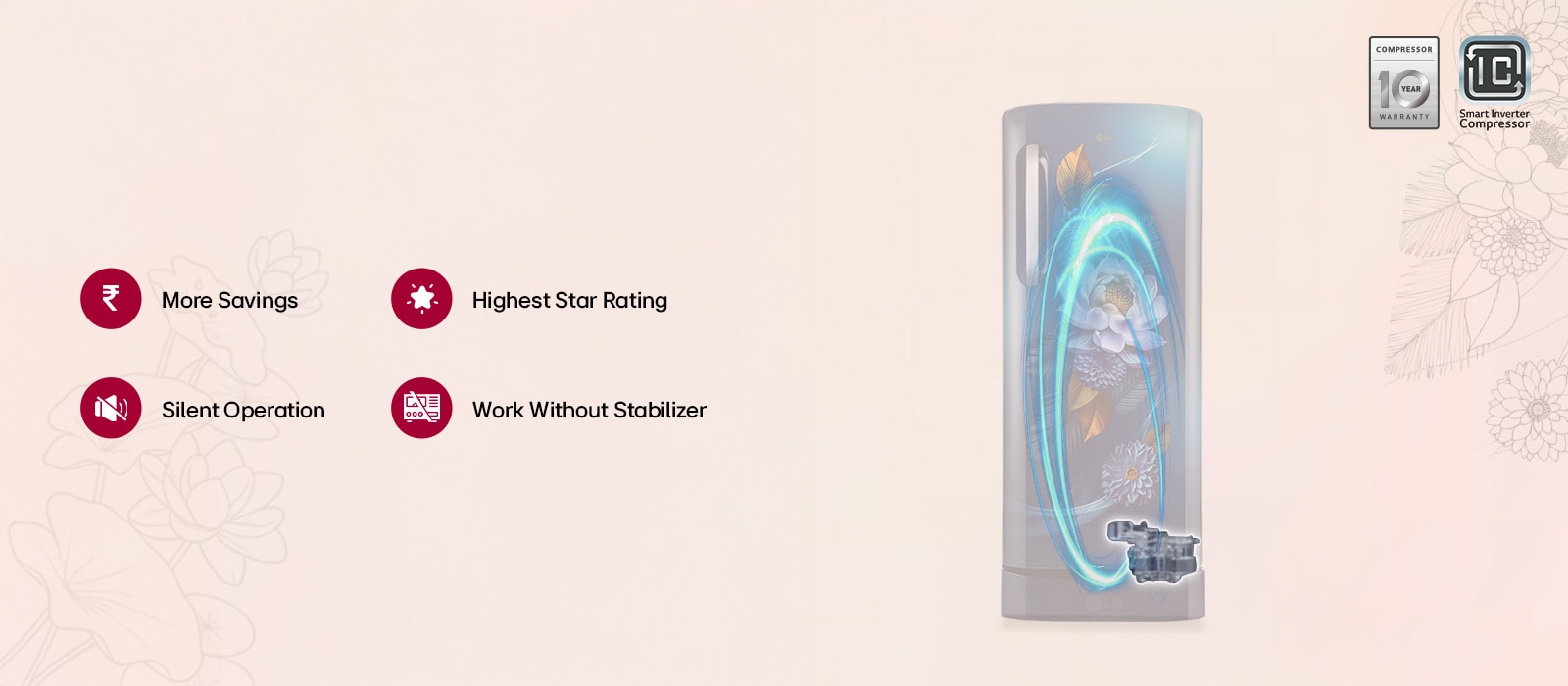 LG 224 L Single Door Refrigerator with Base Stand Drawer, Smart Inverter Compressor, Direct Cool, Blue Waterlily, 5 Star - catalogue_feature_smart_inverter