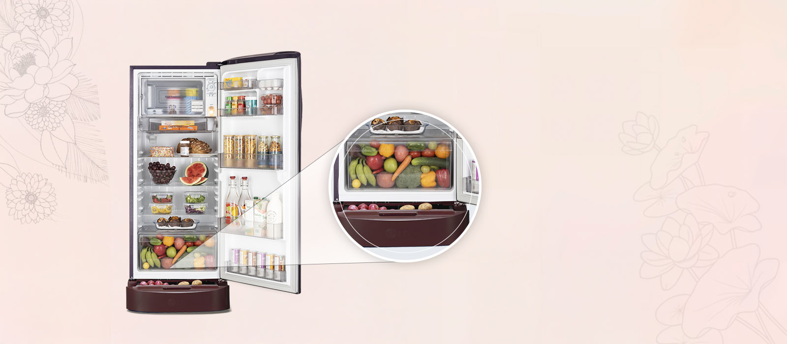LG 224 L Single Door Refrigerator, Base Stand Drawer, Smart Inverter Compressor, Wine Spring, 5 Star - catalogue_feature_base_stand