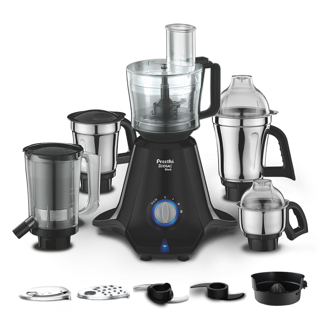 Preethi Zodiac Black Mixer Grinder - 750W - Chef Jar + 4 Jar - 2 Year Warranty | Lifelong Free Service