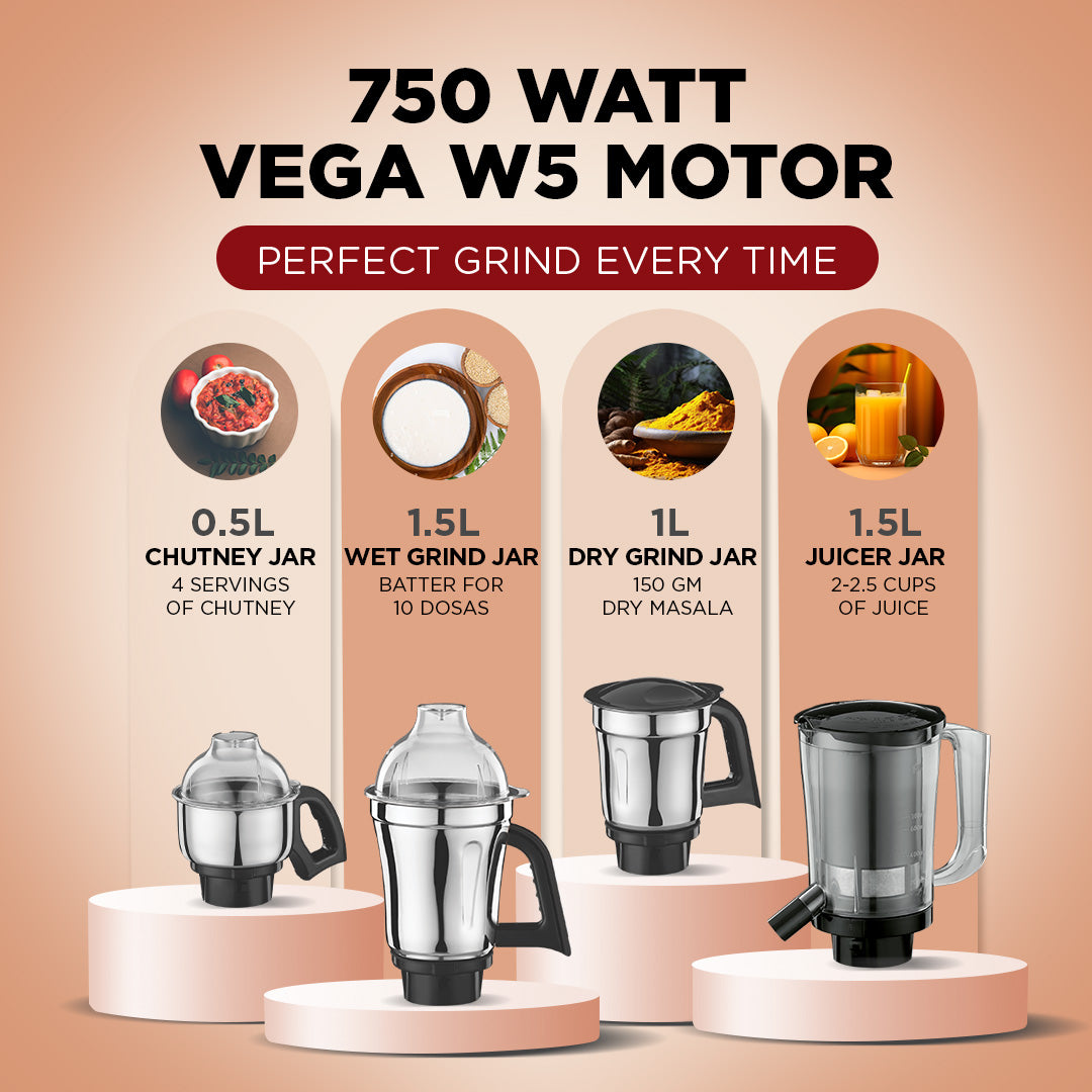 Preethi Zodiac Black Mixer Grinder - 750W - Chef Jar + 4 Jar - 2 Year Warranty | Lifelong Free Service: Product feature