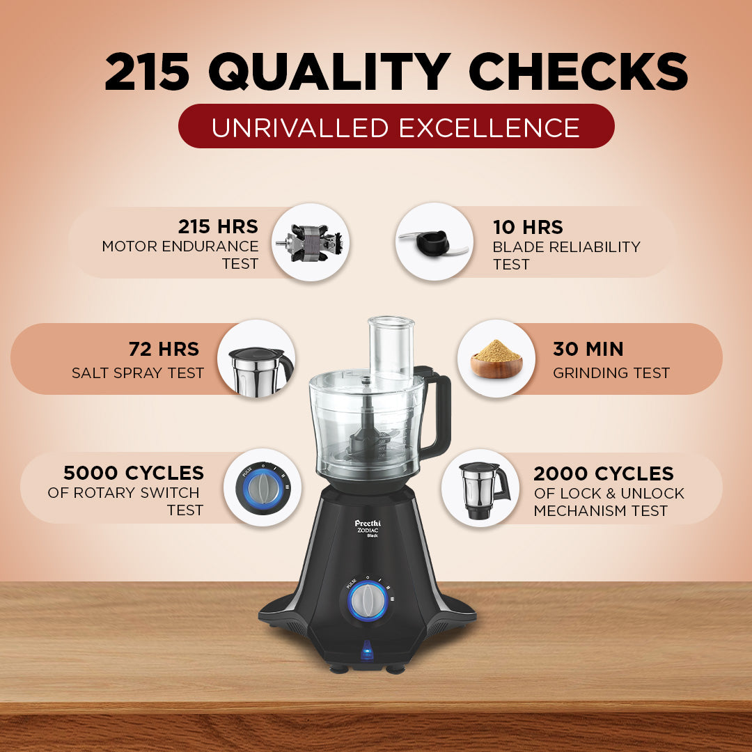 Preethi Zodiac Black Mixer Grinder - 750W - Chef Jar + 4 Jar - 2 Year Warranty | Lifelong Free Service: Product feature