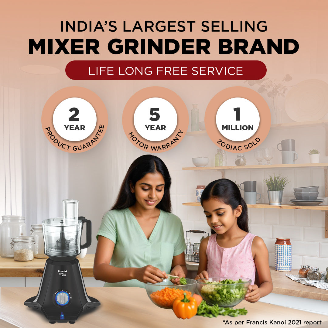 Preethi Zodiac Black Mixer Grinder - 750W - Chef Jar + 4 Jar - 2 Year Warranty | Lifelong Free Service: Product feature