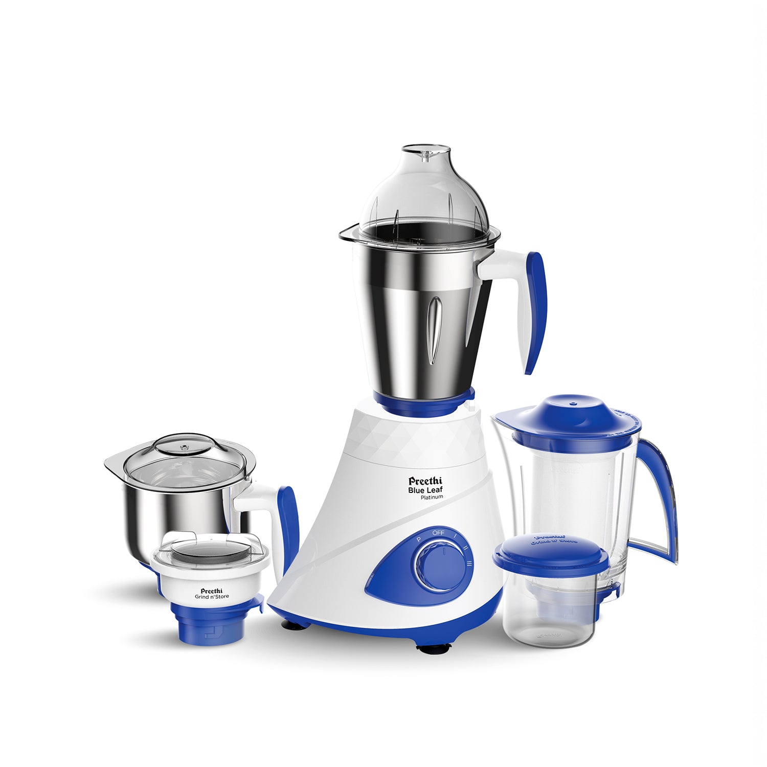 Preethi Blue Leaf Platinum 5.0 Mixer Grinder | 750 watt, 4 jars Incl Super Extractor & Grind 'N' Store Jar | Lifelong Free Service | 15 Years of Trust