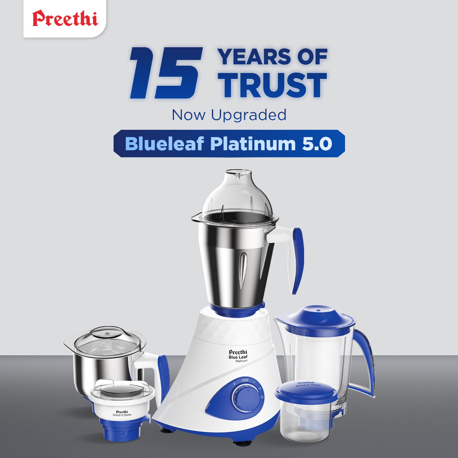 Preethi Blue Leaf Platinum 5.0 Mixer Grinder | 750 watt, 4 jars Incl Super Extractor & Grind 'N' Store Jar | Lifelong Free Service | 15 Years of Trust: Product feature