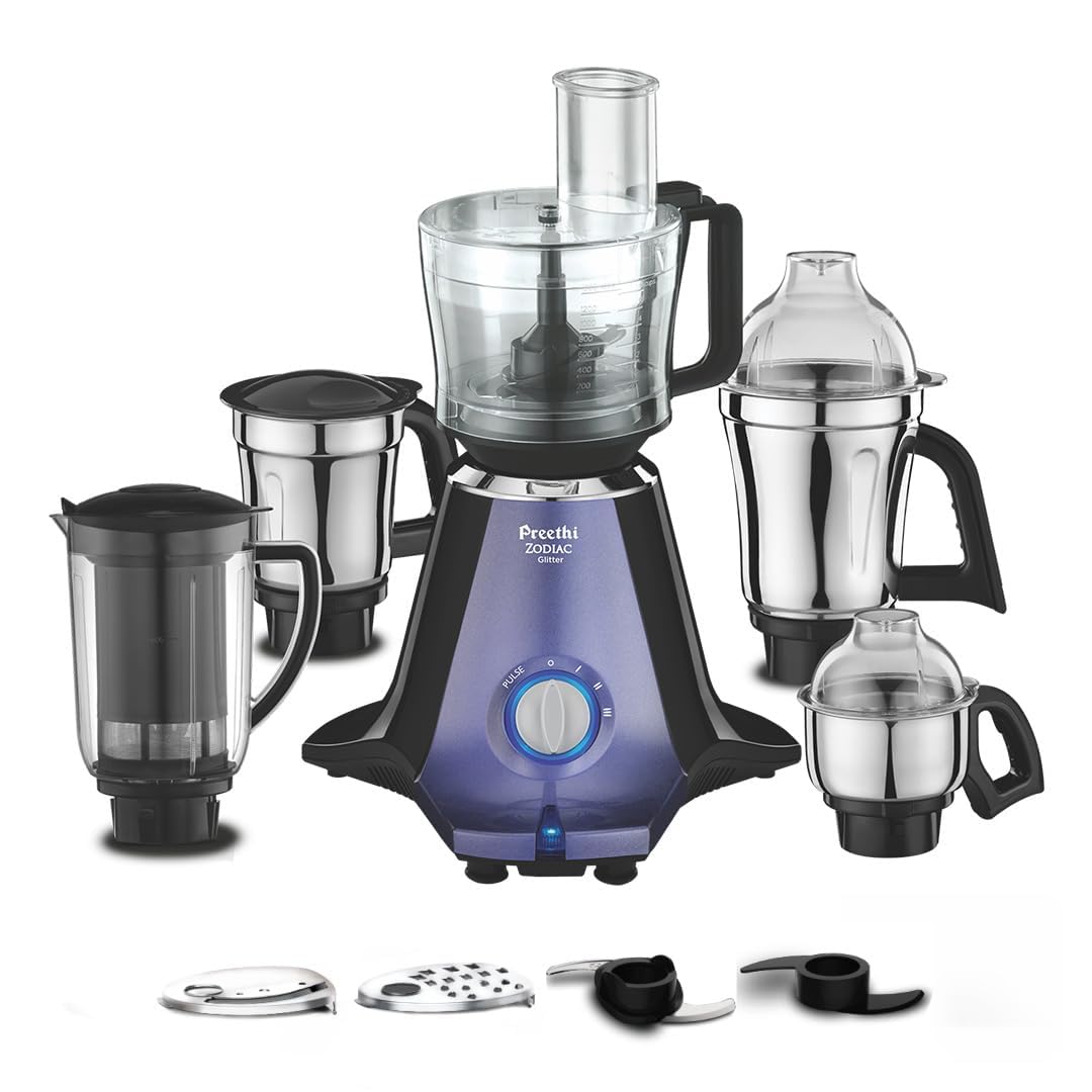 Preethi Zodiac Glitter Mixer Grinder+Food processor I 750 Watt I 2yr Guarantee & Lifelong Free Service I 5 Jars (3 Stainless steel Jars +1 Juicer Jar+1 Master Chef Plus Food processor Jar)-MG 264