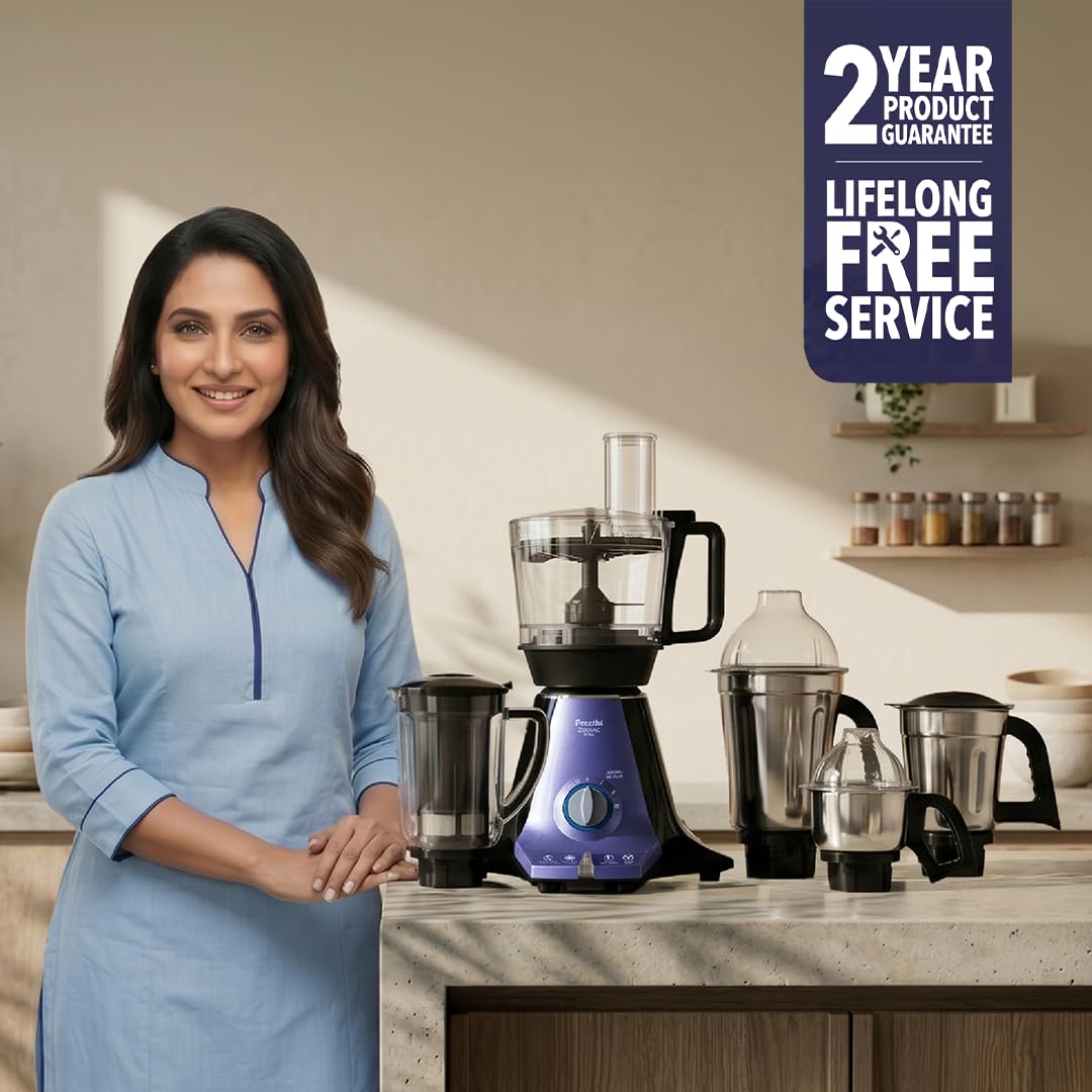 Preethi Zodiac Glitter Mixer Grinder+Food processor I 750 Watt I 2yr Guarantee & Lifelong Free Service I 5 Jars (3 Stainless steel Jars +1 Juicer Jar+1 Master Chef Plus Food processor Jar)-MG 264: Product feature