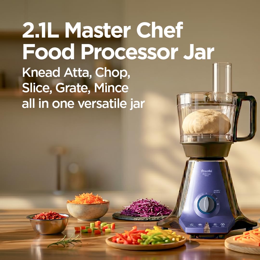 Preethi Zodiac Glitter Mixer Grinder+Food processor I 750 Watt I 2yr Guarantee & Lifelong Free Service I 5 Jars (3 Stainless steel Jars +1 Juicer Jar+1 Master Chef Plus Food processor Jar)-MG 264: Product feature