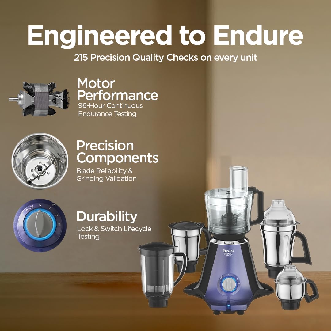 Preethi Zodiac Glitter Mixer Grinder+Food processor I 750 Watt I 2yr Guarantee & Lifelong Free Service I 5 Jars (3 Stainless steel Jars +1 Juicer Jar+1 Master Chef Plus Food processor Jar)-MG 264: Product feature