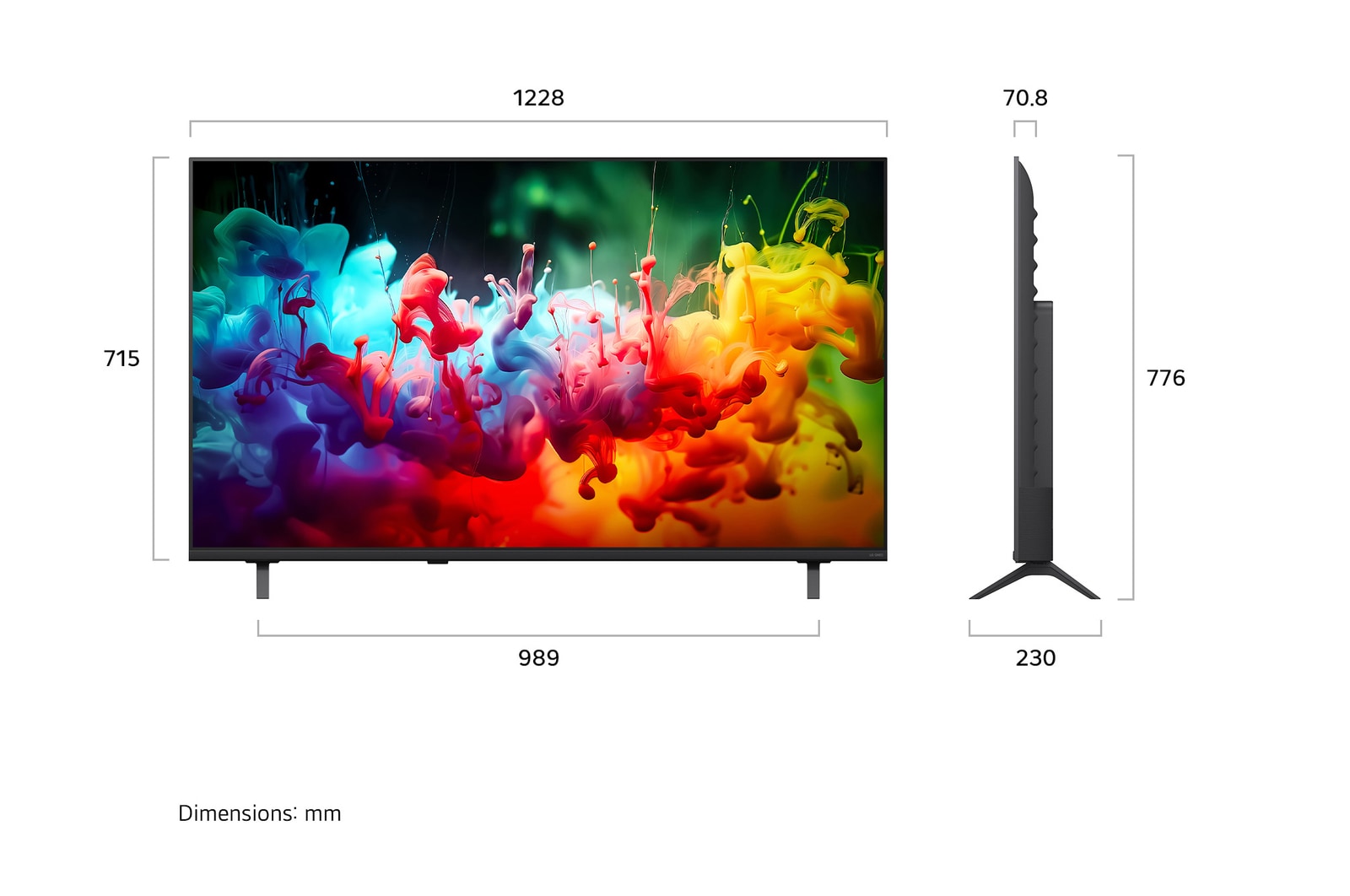 139 cm (55 inch) 4K Smart TV - 55QNED70BLA: Dimensions and installation