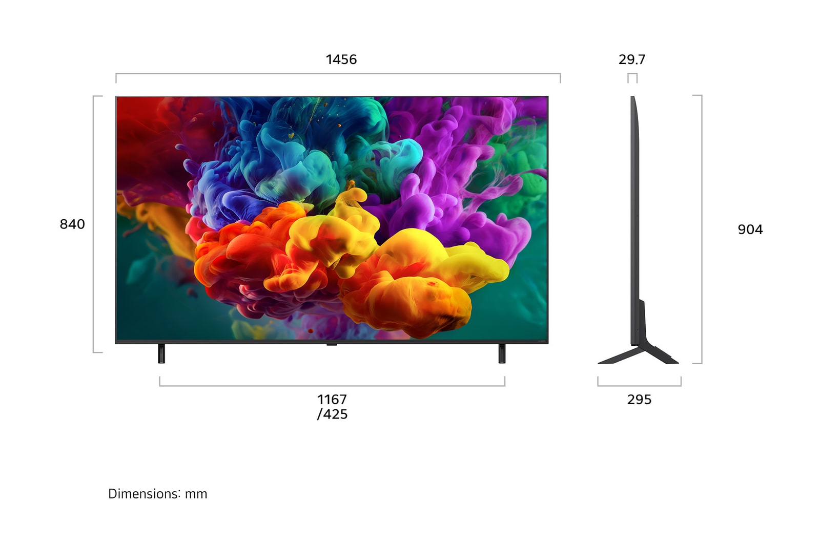 164cm (65 inch) QNEDevo Mini LED TV - 65QNED85BLA: Dimensions and installation