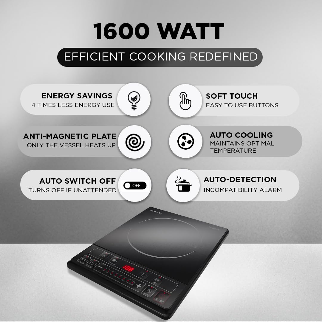 Preethi Trendy Plus 116 | 1600-Watt Induction Cooktop | Fast Gas-Free Cooking | No LPG Required | Preset Indian Menus | Black: Product feature