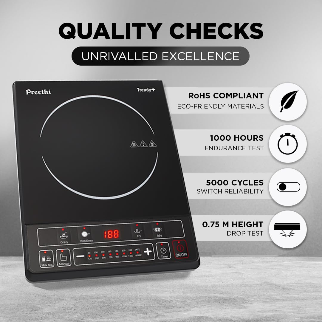 Preethi Trendy Plus 116 | 1600-Watt Induction Cooktop | Fast Gas-Free Cooking | No LPG Required | Preset Indian Menus | Black: Product feature