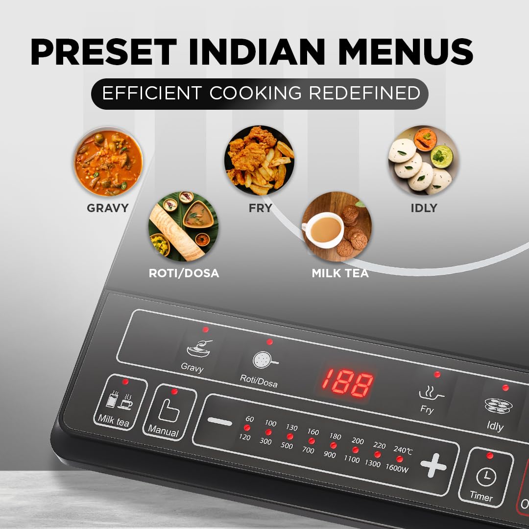 Preethi Trendy Plus 116 | 1600-Watt Induction Cooktop | Fast Gas-Free Cooking | No LPG Required | Preset Indian Menus | Black: Product feature