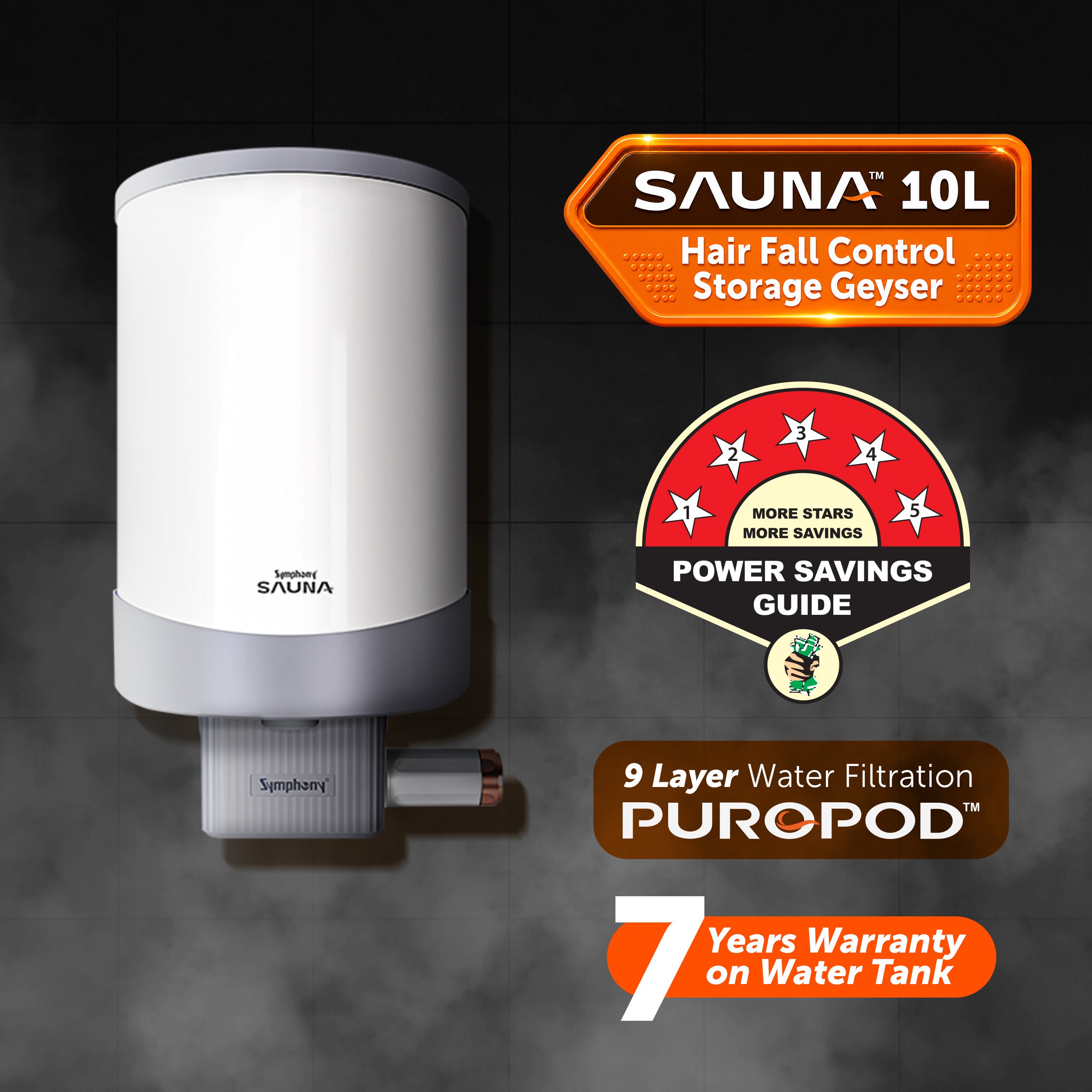 Symphony SAUNA Hair Fall Control Storage Geyser - 10 Litres