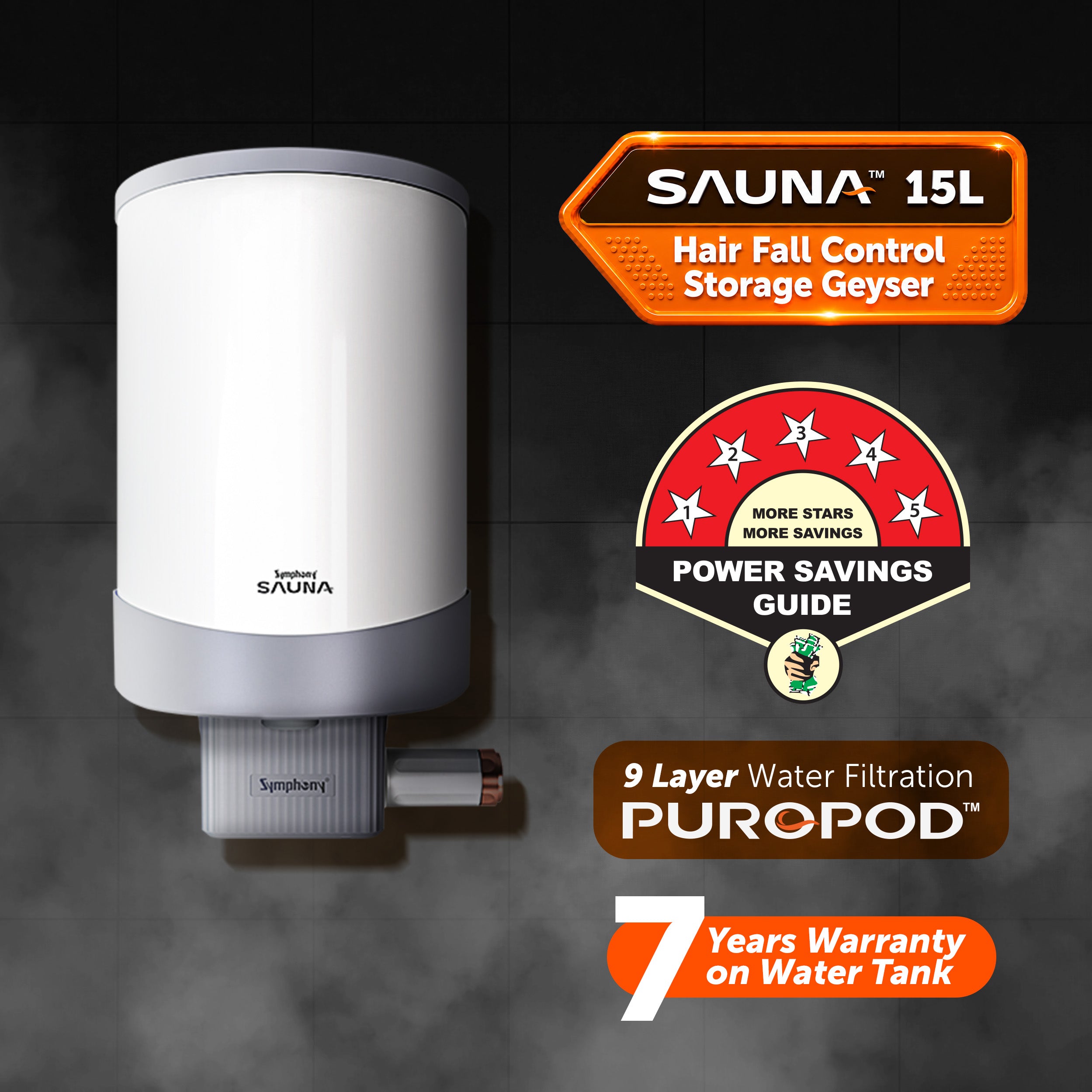 Symphony SAUNA Hair Fall Control Storage Geyser - 15 Litres