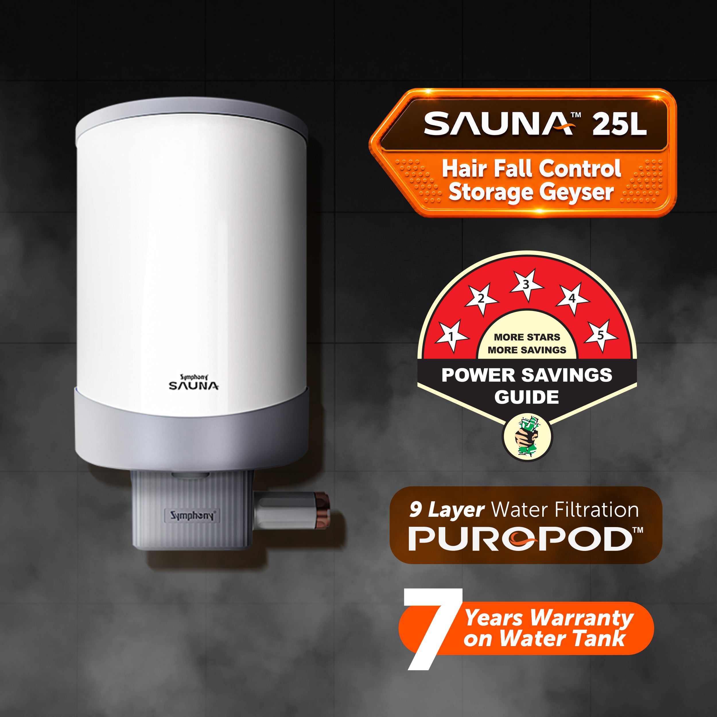 Symphony SAUNA Hair Fall Control Storage Geyser - 25 Litres