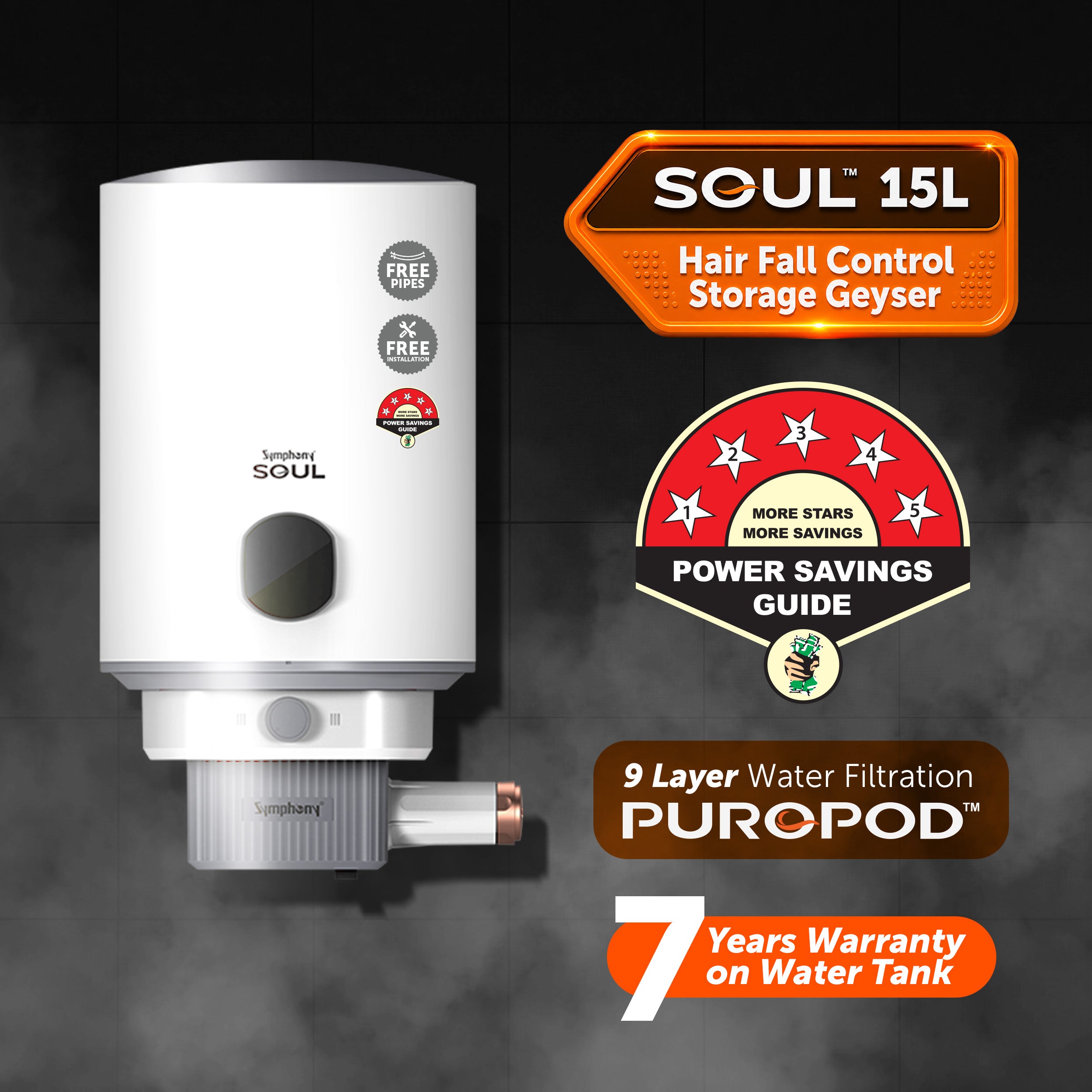 Symphony SOUL Hair Fall Control Storage Geyser - 15 Litres