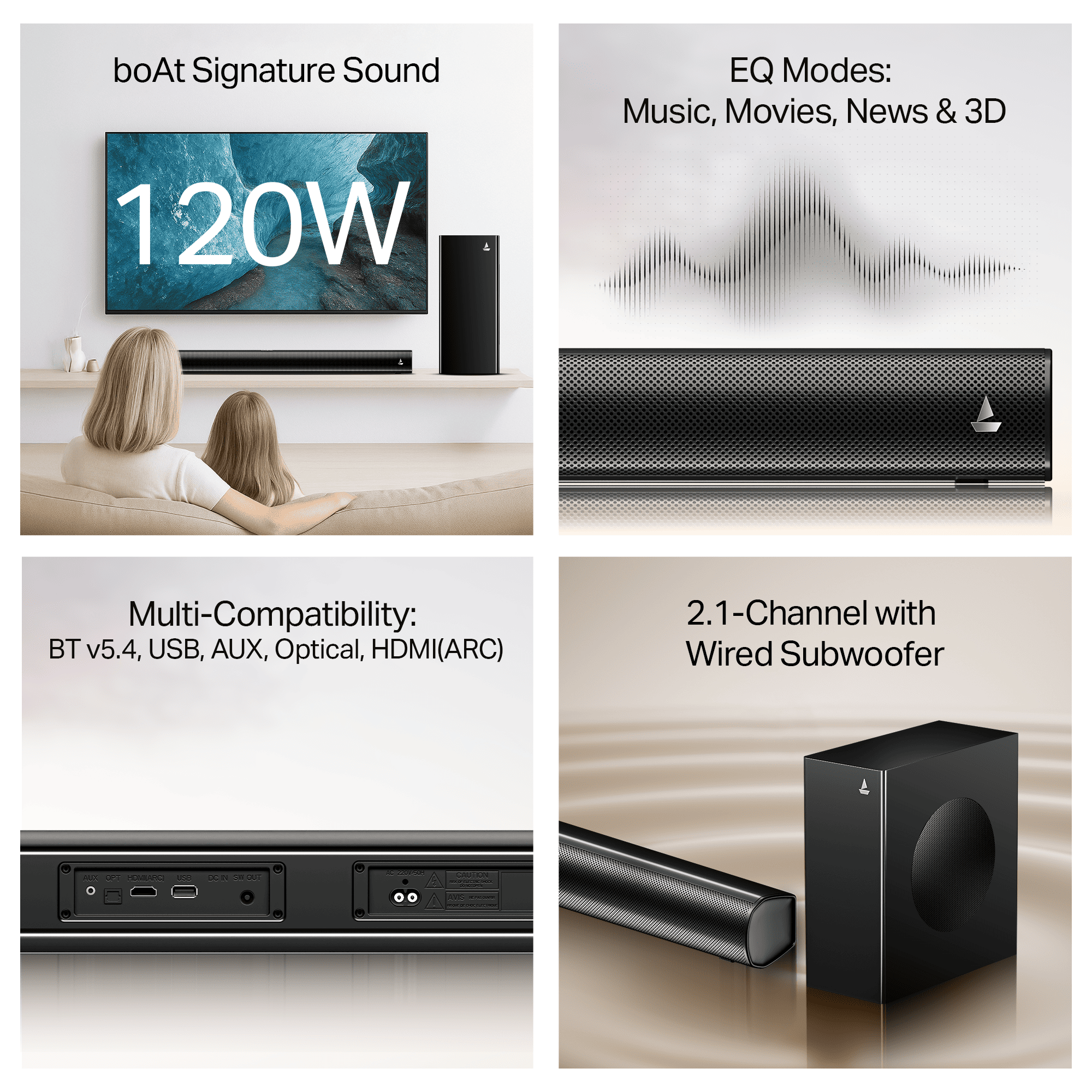boAt Aavante Pulse | 120W 2.1 Channel Soundbar with Bluetooth v5.4, EQ Modes & Master Remote: Product feature