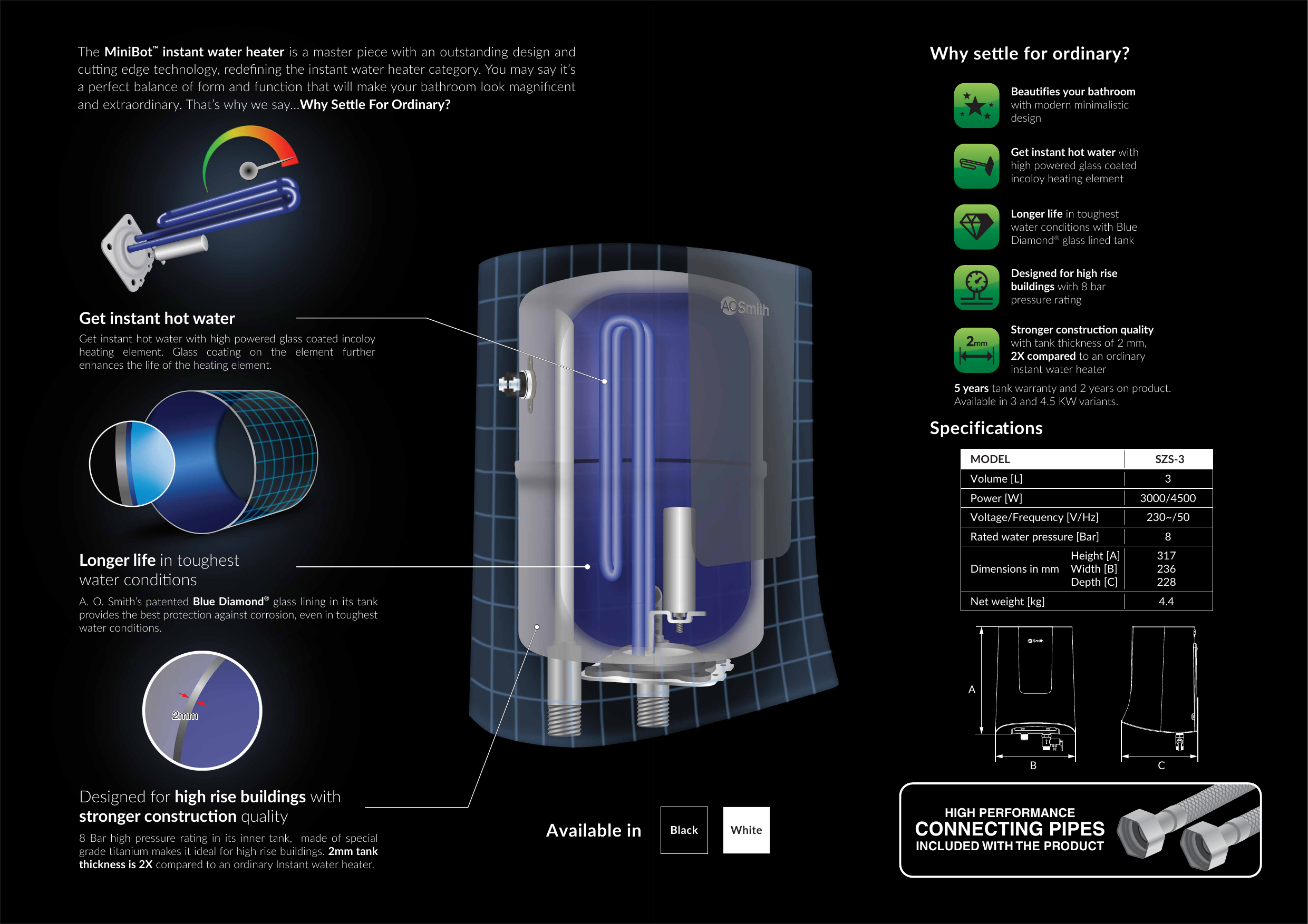 A. O. Smith MiniBot 3 kW 3 L White Instant Water Heater - feature_catalogue