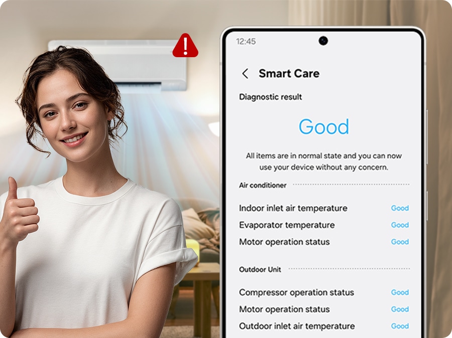 Bespoke AI WindFree Inverter Split AC, AR60H18D14W, 4.75 kW, 4 Star (2026) - In the SmartThings app, the Smart Care device diagnosis result is displayed as ‘Good.’ The user is making a thumbs-up gesture with a satisfied expression.